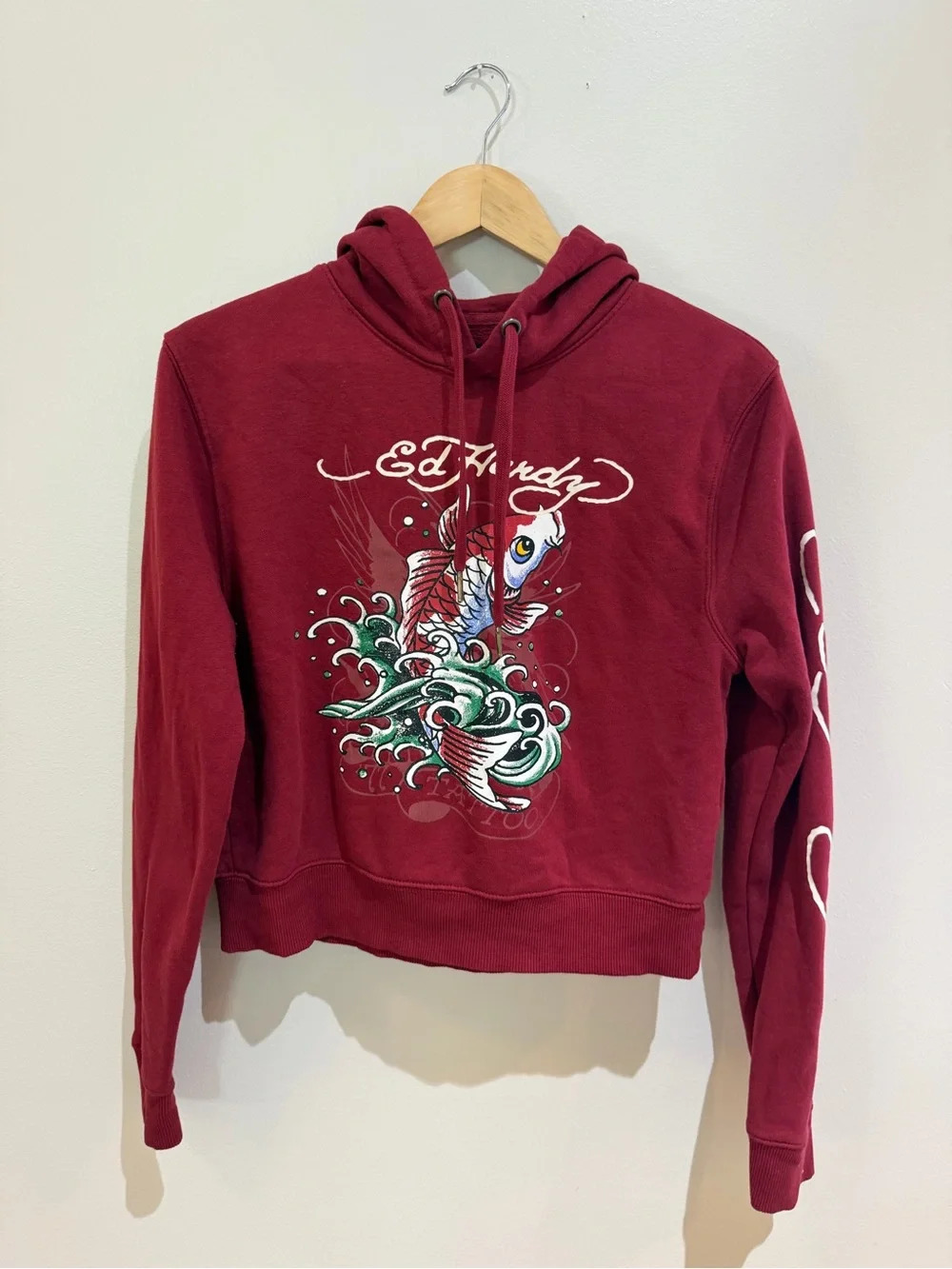 Ed Hardy Retro Koi Fish / Maroon Wine / Cropped Woman’s Hoodie / medium - Picture 2 of 11